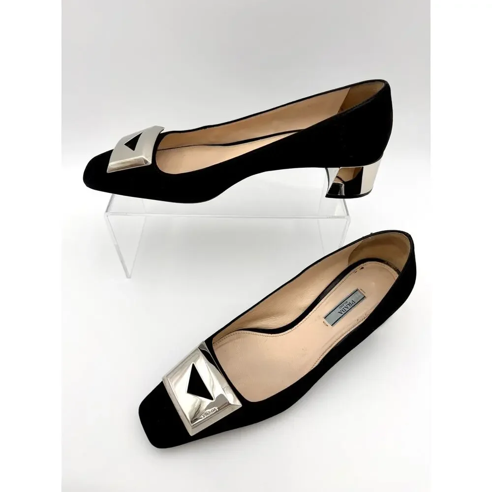 Prada Square Toe Pumps Black Suede Size 39.5 / 9.5 Metal Buckle Logo